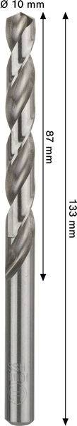 Ein Stahlbohrer mit einem Durchmesser von 10 mm, einer Gesamtlänge von 133 mm und einer Nuttenlänge von 87 mm.
