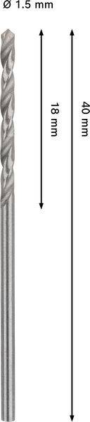 Bohrmeißel mit Abmessungen: 1,5 mm Durchmesser, 18 mm Nuttenlänge, 40 mm Gesamtlänge.