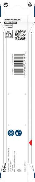 Verpackung für ein Bosch Expert Stichsägeblatt. Enthält Barcodes, QR-Code und Bosch-Logos.