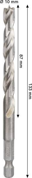 Metallbohrer, 10 mm Durchmesser, 133 mm Gesamtlänge, 87 mm Spirallänge, silberne Farbe.