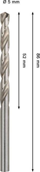 Ein Metallbohrer mit einer Länge von 86 mm und einem Durchmesser von 5 mm, wobei der Schneidenbereich 52 mm misst.
