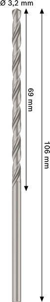 Ein Bohrer mit einer Kennzeichnung von 3,2 mm Durchmesser, 69 mm Länge und einer Gesamtlänge von 106 mm, mit Spiralnuten und spitzer Spitze dargestellt.