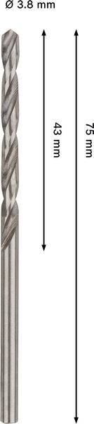 Metallbohrer mit einem Durchmesser von 3,8 mm, Gesamtlänge von 75 mm und Arbeitslänge von 43 mm.