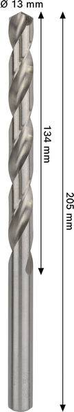 Ein Metallbohrer mit einem Durchmesser von 13 mm, einer Gesamtlänge von 265 mm und einer spiralförmigen Schneidkante von 134 mm.