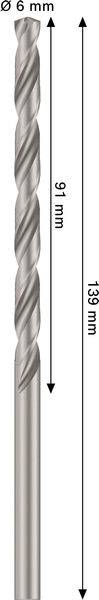 Ein Silber-Bohrer mit einer Schnittlänge von 91 mm und einer Gesamtlänge von 133 mm, mit einem Durchmesser von 6 mm, dargestellt mit Pfeilen, die Messungen anzeigen.