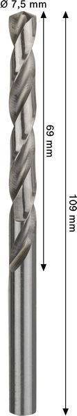 Metallbohrer mit einem Durchmesser von 7,5 mm, einer Gesamtlänge von 118 mm und einer Schneidenlänge von 69 mm, dargestellt mit Richtungspfeilen und Maßangaben.