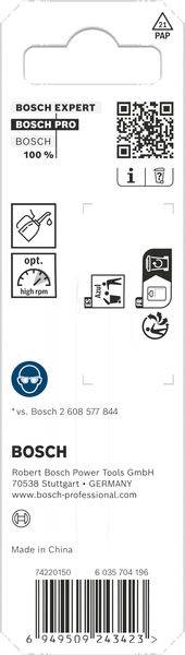 Bosch Expert Pro, BOSCH, 100%, QR-Code mit Opt-Symbol, verschiedene Icons, Bosch-Kontaktdaten: Robert Bosch Power Tools GmbH, Stuttgart, Deutschland. Hergestellt in China.