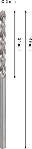 Bohrer mit einem Durchmesser von 2 mm. Länge der Wendelung: 24 mm. Gesamtlänge: 49 mm.