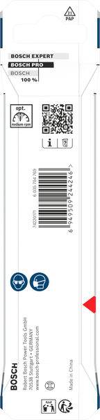 Rückseite der Verpackung eines Bosch-Produkts mit QR-Code, Strichcodes, Sicherheitssymbolen und Herstellerangaben. Hergestellt in China.