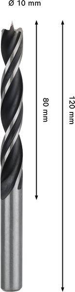 Ein Bohrmeißel mit einem Durchmesser von 10 mm, einem spiralförmigen Schneideteil von 80 mm und einer Gesamtlänge von 120 mm, dargestellt in vertikaler Ausrichtung.
