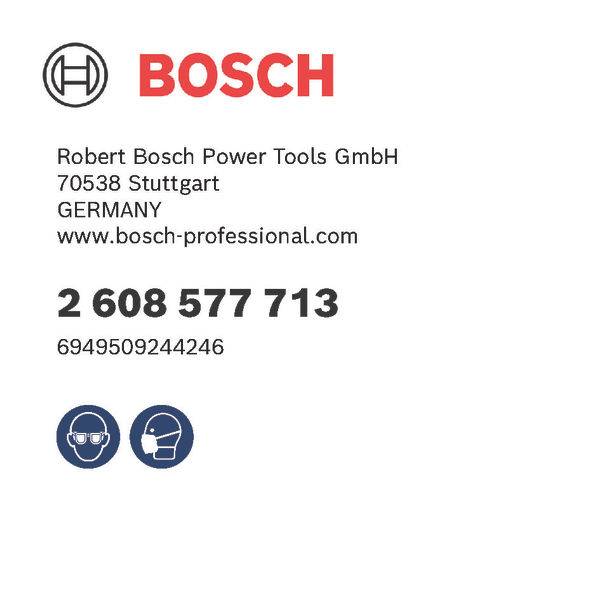 Bosch-Logo mit Kontaktinformationen: Robert Bosch Power Tools GmbH, 70538 Stuttgart, Deutschland, Telefon: 2 608 577 713, URL: www.bosch-professional.com, 6949509244246, Sicherheitssymbole enthalten.