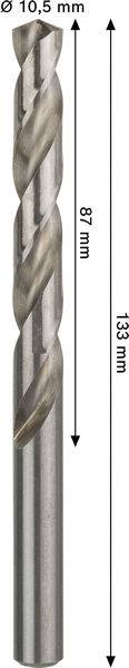 Ein Metallbohrer mit einem Durchmesser von 10,5 mm und einer Gesamtlänge von 133 mm, mit 87 mm Spiralbereich.