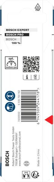 Verpackung für ein Bosch Expert Werkzeug mit QR-Code, Barcode und verschiedenen Spezifikationen.