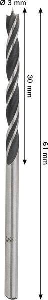 Ein Metallbohrer mit folgenden Spezifikationen: Gesamtlänge 61 mm, Schneidlänge 30 mm, Durchmesser 3 mm.