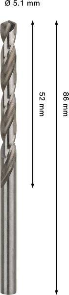 Ein Metallbohrmeißel mit einem Durchmesser von 5,1 mm, einer Schaftlänge von 52 mm und einer Gesamtlänge von 86 mm.