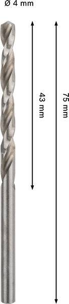 Ein Bohrer mit einem Durchmesser von 4 mm ist dargestellt. Seine Gesamtlänge beträgt 75 mm, wobei der Spiralbereich 43 mm misst.