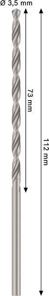 Ein Metallbohrer mit Spiralnut wird mit folgenden Abmessungen gezeigt: Durchmesser 3,5 mm, Schnittlänge 73 mm und Gesamtlänge 112 mm.