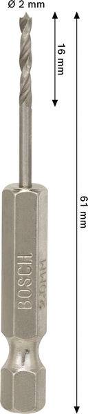 Metallbohrbit der Marke 'Bosch' mit den Abmessungen: 61 mm Länge, 2 mm Durchmesser und 16 mm Bohrtiefe.