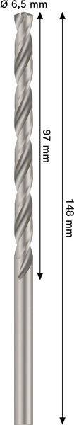 Ein Metallbohrer mit einem Durchmesser von 6,5 mm, einer Schneidenlänge von 97 mm und einer Gesamtlänge von 148 mm wird vertikal dargestellt.