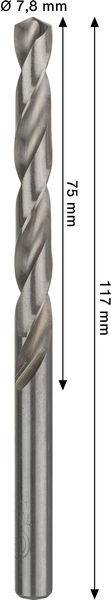 Ein Silberbohrer mit einem Durchmesser von 7,8 mm, einer Gesamtlänge von 117 mm und einer Nutenlänge von 75 mm.