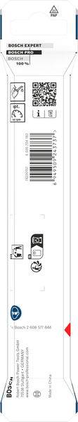Bosch Expert Kreuzschnittsägeblatt 100 mm, QR-Code für Produktinformationen, Barcode, Umweltfreundlichkeitssymbol und Sicherheitsanweisungen enthalten.