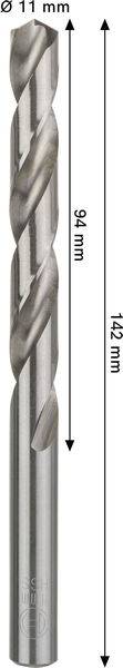 Das Bild zeigt einen Metallbohrer mit einem Durchmesser von 11 mm, mit Schneiden­nuten einer Länge von 94 mm und einer Gesamtlänge von 142 mm.