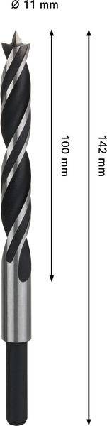 Ein Metallbohrer mit einer Länge von 142 mm, einschließlich eines 100 mm langen Schneidteils. Der Durchmesser beträgt 11 mm.