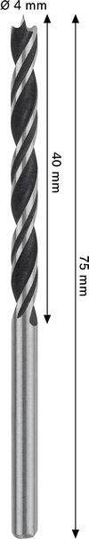 Ein Metallbohrer; gekennzeichnet mit den Maßen 'Ø 4 mm' für den Durchmesser, '40 mm' für die Länge des Schneidteils und '75 mm' für die Gesamtlänge.