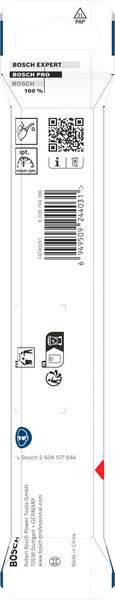 Ein Bosch Expert Stichsägeblatt-Paket mit Spezifikationen, Barcode und Sicherheitssymbolen. Entwickelt für präzises Metallschneiden, Größe T118GFA.