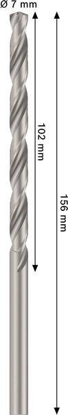 Ein Bohrmeißel mit einem Durchmesser von 7 mm, ausgestattet mit einem spiralförmigen Design. Die Gesamtlänge beträgt 152 mm, wobei der Spiralbereich 102 mm misst.