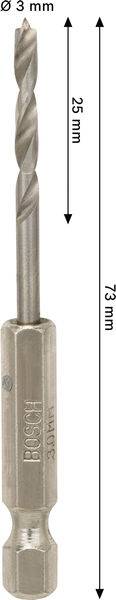 Ein Metallbohrer mit sechseckiger Basis, beschriftet mit „Bosch 3,5 mm". Gesamtlänge 78 mm, mit 25 mm Spirale und 3 mm Durchmesser an der Spitze.