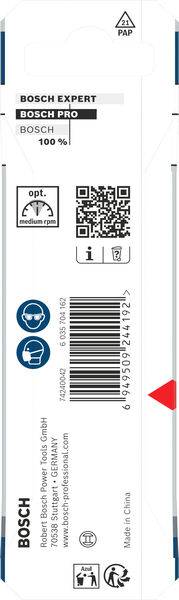 Verpackung eines Bosch-Produkts mit QR-Code, Produktmodellnummern, Bosch-Logos, Symbolen für Schutzhandschuhe und Augenschutz sowie Text „Made in China