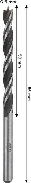 Ein Metallbohrmeißel mit 5 mm Durchmesser, 50 mm Schneidenlänge und 86 mm Gesamtlänge. Spiraldesign, gekennzeichnet mit 'BOSCH 9/11'.