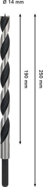 Ein schwarzer und silberner Bohrer mit einem Durchmesser von 14 mm, einer Länge von 250 mm und einer Spiralschneide von 190 mm.