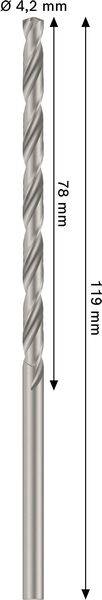 Bild eines Bohrers mit Maßen. Durchmesser: 4,2 mm, Länge: 119 mm, Drallänge: 78 mm. Pfeile kennzeichnen die Abmessungen.