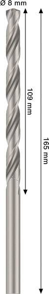 Eine Nahaufnahme eines Bohrers mit Maßangaben, die eine Länge von 109 mm auf dem gerillten Teil und eine Gesamtlänge von 165 mm zeigen, mit einem Durchmesser von 8 mm.
