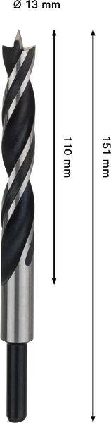Ein Metallbohrer mit Spiraldesign, mit einer Gesamtlänge von 151 mm und einem Durchmesser von 13 mm; der gefurchte Abschnitt ist 110 mm lang.