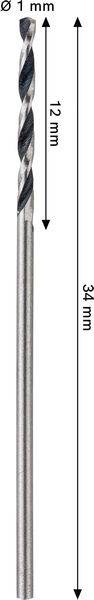 Ein Spiralbohrer mit '1 mm' Durchmesser, '12 mm' Spirallänge und '34 mm' Gesamtlänge.