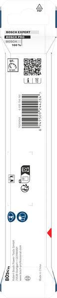 Verpackung für ein Bosch Expert Werkzeugzubehör mit Logos, Barcode, QR-Code und Verwendungssymbolen.