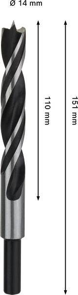 Ein Metallbohrmeißel mit Angaben zeigt eine Gesamtlänge von 151 mm und eine Schneidlänge von 110 mm mit einem Durchmesser von 14 mm.