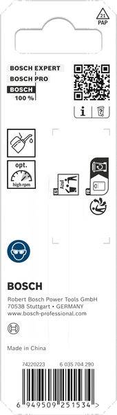 Verpackung von Elektrowerkzeug-Zubehör mit Bosch-Logos, QR-Code, Verwendungssymbolen und Kontaktinformationen für Robert Bosch Power Tools GmbH, Stuttgart, Deutschland. Hergestellt in China.