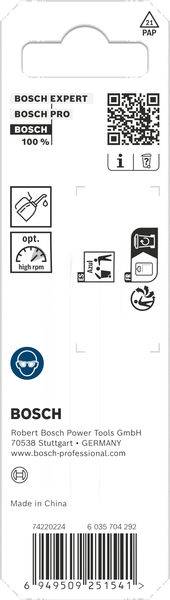 Rückseite einer Bosch-Produktverpackung mit Logos und Symbolen. Sie enthält Unternehmensdetails: „Robert Bosch Power Tools GmbH, Stuttgart, Deutschland.