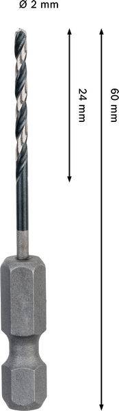 Bohrmeißel mit 2 mm Durchmesser und 60 mm Länge. Der obere Bereich ist 24 mm lang und weist ein spiralförmiges Design auf.