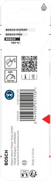 Rückseite einer Bosch-Werkzeugproduktverpackung mit Barcode, QR-Code und Recycling-Symbol. Listet Produktserien auf: „Bosch Expert