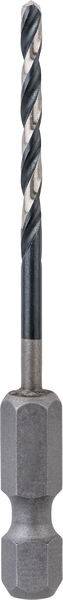 Ein Metallbohraufsatz mit sechskantiger Basis, der für die Verwendung mit einer Bohrmaschine konzipiert ist und eine spiralförmige Nut entlang des Schafts zum Bohren aufweist.