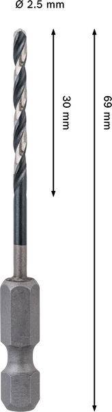 Ein Metallbohrer mit Beschriftungen, die Abmessungen angeben: 2,5 mm Durchmesser, 30 mm Drallänge und 69 mm Gesamtlänge einschließlich Sechskantschaft.