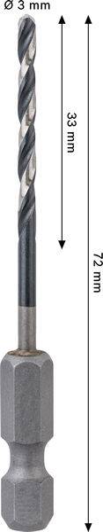 Ein Bohrmeißel mit Sechskantschaft, Gesamtlänge 72 mm, Bohrlänge 39 mm und einem Durchmesser von 3 mm.