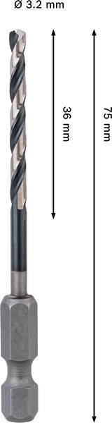 Bohrer mit einem Durchmesser von 3,2 mm. Gekennzeichnete Längen: 36 mm für den Spiralbereich und 75 mm für die Gesamtlänge, einschließlich der sechseckigen Basis.