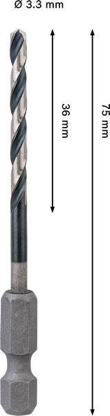 Ein Metallbohrer mit Spiraldesign, mit einer Gesamtlänge von 75 mm und einem Durchmesser von 3,3 mm.