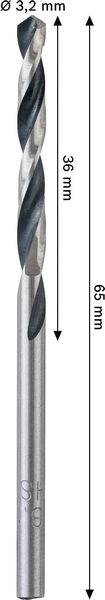 Ein Nahaufnahmebild eines Bohrers, das seine Gesamtlänge von 65 mm und eine spiralförmige Schneidlänge von 36 mm zeigt. Der Durchmesser beträgt 3,2 mm.